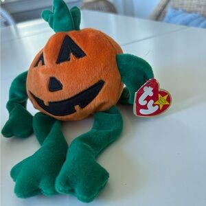 Ty Halloween Pumpkin Plush Toy - Orange and Green- “Pumkin” 1998